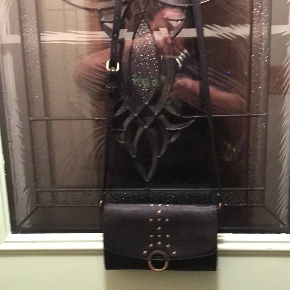 Universal Thread black crossbody faux leather with brass look accents, wallet.